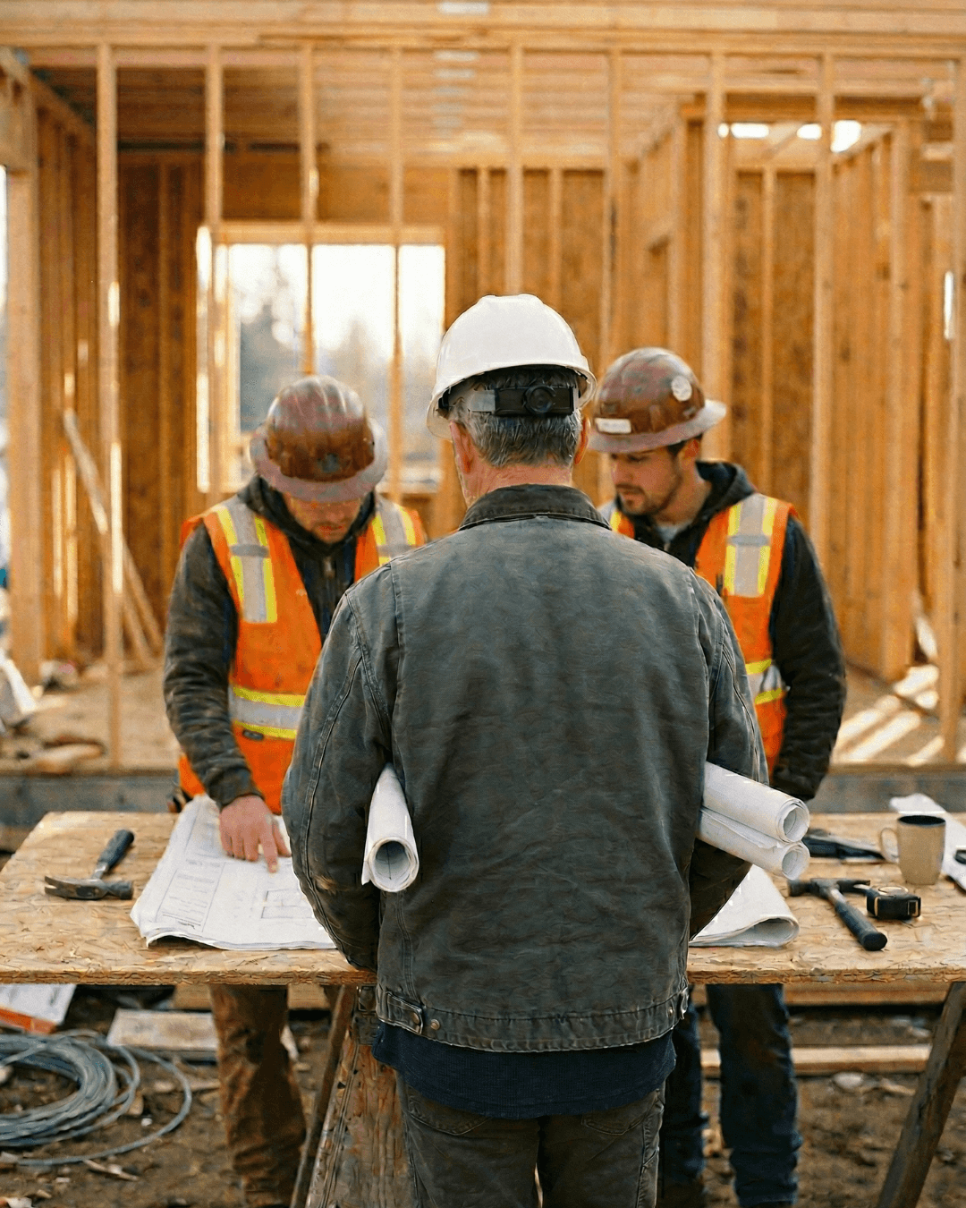 John Olivito reviewing blueprints with his crew on a Calgary construction site
