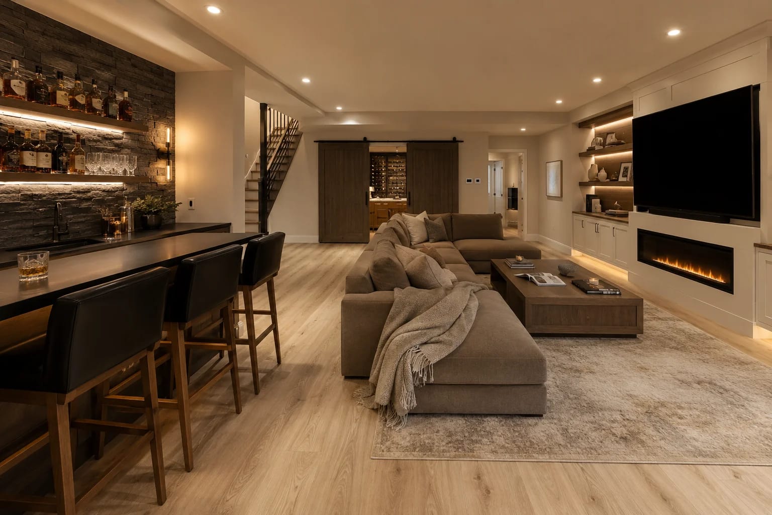 Finished basement development in Calgary with wet bar and living area by PCND